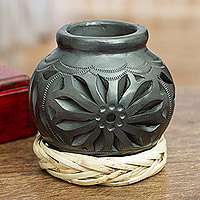 Barro negro decorative vase, 'Oaxaca Pottery Blossom' - Mexican Barro Negro Decorative Vase with Floral Details