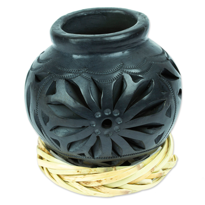 Barro negro decorative vase, 'Oaxaca Pottery Blossom' - Mexican Barro Negro Decorative Vase with Floral Details