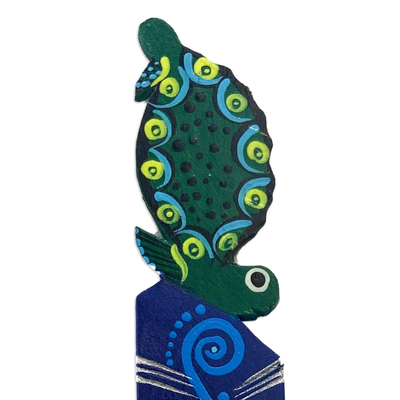 Wood bookmark, 'Reading Turtle' - Hand Painted Green Turtle on Copal Wood Bookmark from Mexico