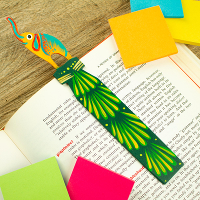 Wood bookmark, 'Reading Elephant' - Mexican Artisan Carved Elephant-Themed Copal Wood Bookmark