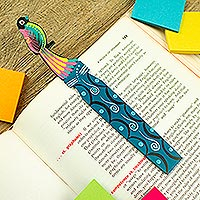 Wood bookmark, 'Reading Bird' - Handmade Mexican Copal Wood Bookmark with Tropical Bird