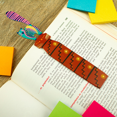 Wood bookmark, 'Reading Cat' - Teal and Pink Cat-Themed Copal Wood Bookmark from Mexico