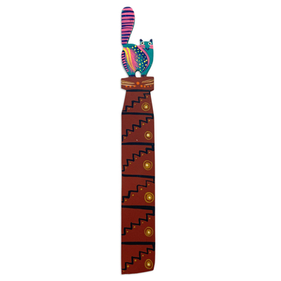 Wood bookmark, 'Reading Cat' - Teal and Pink Cat-Themed Copal Wood Bookmark from Mexico