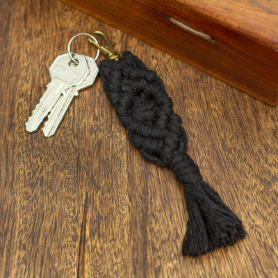Schlüsselanhänger aus recycelter Baumwolle - Mexikanischer Makramee-Schlüsselanhänger aus recycelter Baumwolle in Schwarz