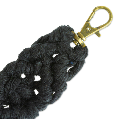 Recycled cotton keychain, 'Black Structure' - Mexican Recycled Cotton Macrame Keychain in Black