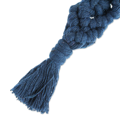 Recycled cotton keychain, 'Blue Structure' - Mexican Recycled Cotton Macrame Keychain in Blue