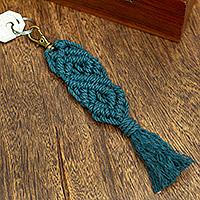 Recycled cotton keychain, 'Emerald Structure' - Mexican Recycled Cotton Macrame Keychain in Emerald