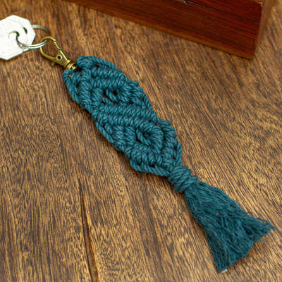 Schlüsselanhänger aus recycelter Baumwolle - Mexikanischer Makramee-Schlüsselanhänger aus recycelter Baumwolle in Smaragd