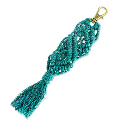 Recycled cotton keychain, 'Emerald Structure' - Mexican Recycled Cotton Macrame Keychain in Emerald