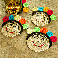 Crocheted coasters, 'Festive Frida' (set of 4) - Set of 4 Frida Kahlo Crocheted Coasters from Mexico