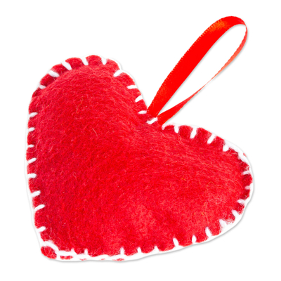 Felt ornament, 'Red Emotion' - Mexican Red Heart Ornament Handcrafted from Felt