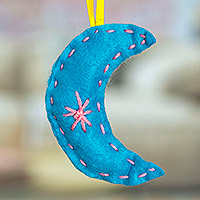 Felt ornament, 'Christmas Moonlight' - Cyan Moon Ornament Handcrafted in Mexico from Felt