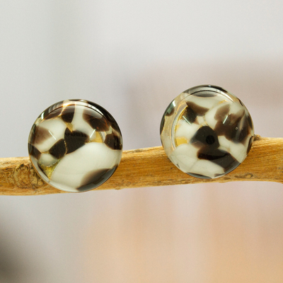 Fused glass mosaic button earrings, 'Black & White Textures' - Black & White Fused Glass Mosaic Button Earrings from Mexico