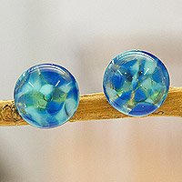 Fused glass mosaic button earrings, 'Blue Textures' - Blue Fused Glass Mosaic Button Earrings from Mexico