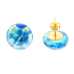 Fused glass mosaic button earrings, 'Blue Textures' - Blue Fused Glass Mosaic Button Earrings from Mexico