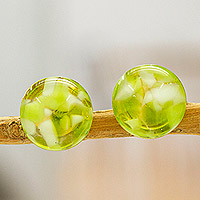 Fused glass mosaic button earrings, 'Green Textures' - Green Fused Glass Mosaic Button Earrings from Mexico