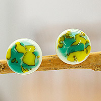 Fused glass mosaic button earrings, 'Sea Green & Pistachio Textures' - Sea Green & Pistachio Fused Glass Mosaic Button Earrings