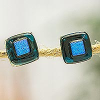 Fused glass mosaic stud earrings, 'Blue Dichroic' - Blue Fused Glass Mosaic Stud Earrings Handmade in Mexico