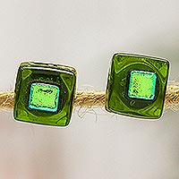 Fused glass mosaic stud earrings, 'Green Dichroic' - Green Fused Glass Mosaic Stud Earrings Handmade in Mexico