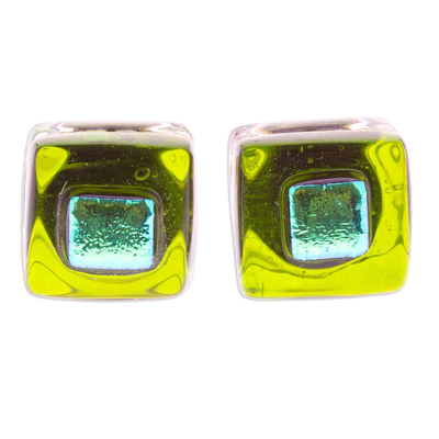 Green Fused Glass Mosaic Stud Earrings Handmade in Mexico