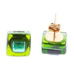 Fused glass mosaic stud earrings, 'Green Dichroic' - Green Fused Glass Mosaic Stud Earrings Handmade in Mexico