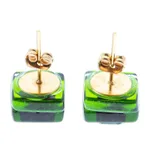 Fused glass mosaic stud earrings, 'Green Dichroic' - Green Fused Glass Mosaic Stud Earrings Handmade in Mexico