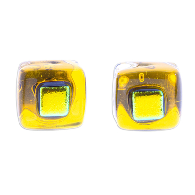 Yellow Fused Glass Mosaic Stud Earrings Handmade in Mexico
