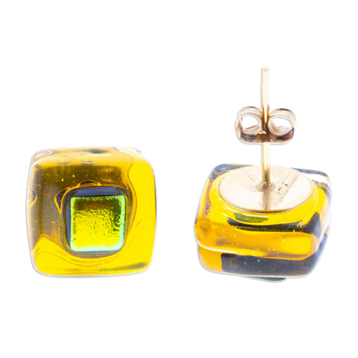 Fused glass mosaic stud earrings, 'Yellow Dichroic' - Yellow Fused Glass Mosaic Stud Earrings Handmade in Mexico