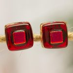 Fused glass mosaic stud earrings, 'Red Dichroic' - Red Fused Glass Mosaic Stud Earrings Handmade in Mexico