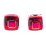 Fused glass mosaic stud earrings, 'Red Dichroic' - Red Fused Glass Mosaic Stud Earrings Handmade in Mexico
