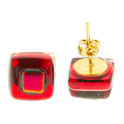 Fused glass mosaic stud earrings, 'Red Dichroic' - Red Fused Glass Mosaic Stud Earrings Handmade in Mexico