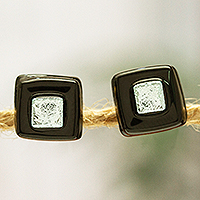 Pendientes de mosaico de vidrio fundido, 'Black Dichroic' - Pendientes de mosaico de vidrio fundido negro hechos a mano en México