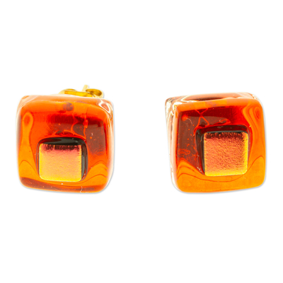 Orange Fused Glass Mosaic Stud Earrings Handmade in Mexico