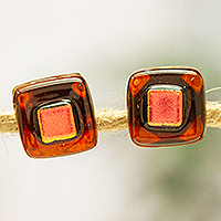 Fused glass mosaic stud earrings, 'Terracotta Dichroic' - Terracotta Fused Glass Mosaic Stud Earrings from Mexico