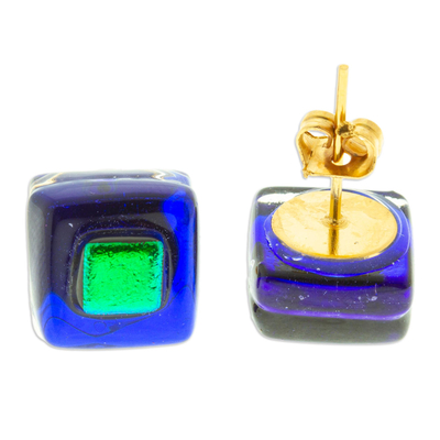 Fused glass mosaic stud earrings, 'Blue & Green Dichroic' - Blue & Green Fused Glass Mosaic Stud Earrings from Mexico