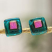 Fused glass mosaic stud earrings, 'Blue & Rose Dichroic' - Blue & Pink Fused Glass Mosaic Stud Earrings from Mexico