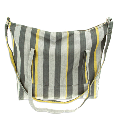 Handmade Grey Cotton Tote Shoulder Bag with Yellow Stripes