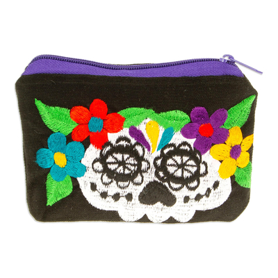 Cotton cosmetic bag, 'Celebrated Skull' - Handmade Mexican Skull-Theme Floral Cotton Cosmetic Bag