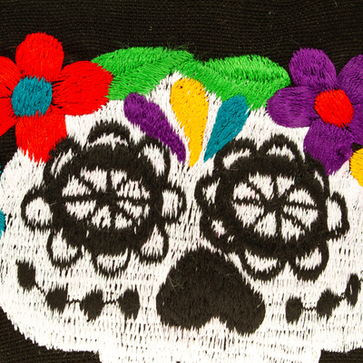 Cotton cosmetic bag, 'Celebrated Skull' - Handmade Mexican Skull-Theme Floral Cotton Cosmetic Bag