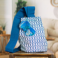 Cotton shoulder bag, 'Cool Honeycomb' - Handmade Mexican Hexagon-Like Cotton Shoulder Bag in Azure