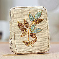 Cotton cable organizer, 'Autumn Branch' - Artisan Embroidered Cable Organizer Wallet with Zipper