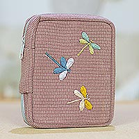Cotton cable organizer, 'Digital Dragonfly' - Embroidered Pink Cotton Cable Organizer Hand Made in Mexico