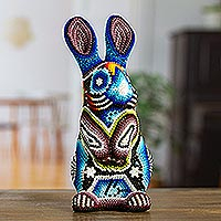 Beaded papier mache figurine, 'Huichol Bunny in Blue' - Bunny Papier Mache Figurine with Beads Handmade in Mexico