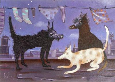 Canine Cityscape Oil Painting on Paper from Mexico