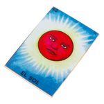 Decoupage wood magnet, 'Burning Sun' - Mexican Wood Magnet with Red Sun Decoupage
