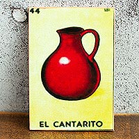 Decoupage wood magnet, 'Folk Jar' - Mexican Wood Magnet with Red Jar Decoupage