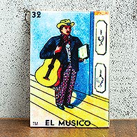 Decoupage wood magnet, 'Colorful Musician' - Mexican Wood Magnet with Musical-Themed Decoupage