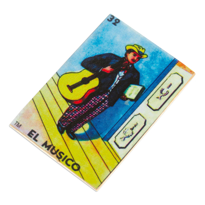 Decoupage wood magnet, 'colourful Musician' - Mexican Wood Magnet with Musical-Themed Decoupage