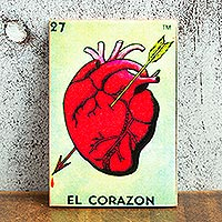 Decoupage-Holzmagnet, „Folk Heart“ – Mexikanischer Holzmagnet mit rotem Herz-Decoupage
