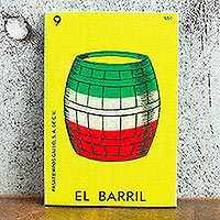 Decoupage wood magnet, 'Festive Barrel' - Mexican Wood Magnet with Colorful Barrel Decoupage